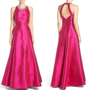 Eliza J Embellished Mikado Ball Gown Fuchsia Long Dress Maxi Halter SIZE 8 NEW